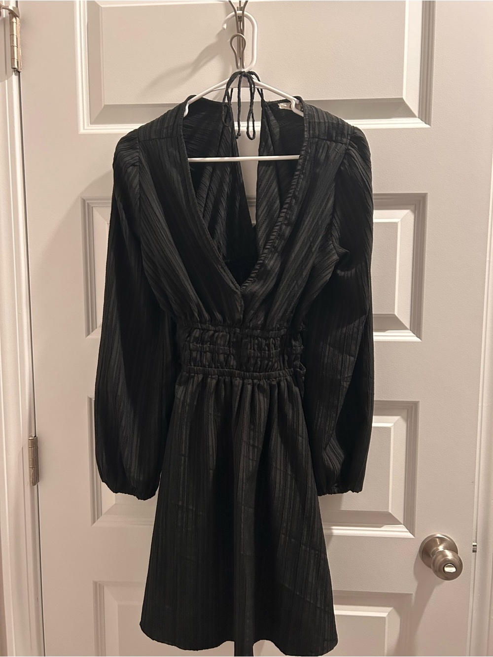 Black Long-Sleeve V-Neck Smocked Waist Dress